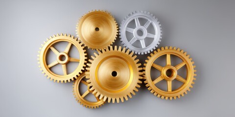 Gold and silver gears interlock on a gray background, symbolizing teamwork and collaboration.