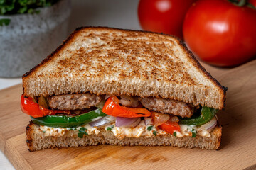 Grilled sausage sandwich with peppers and onions served on toasted bread at a cozy kitchen setting