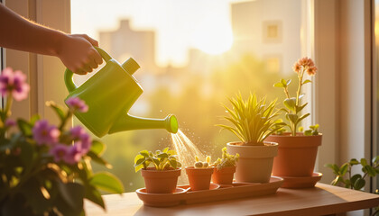 Person watering plants on balcony during morning light, urban gardening