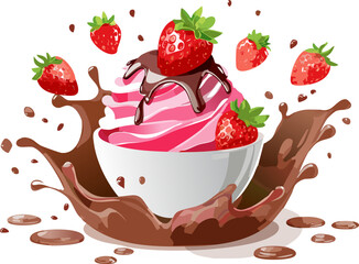A lively scoop of pink strawberry ice cream with thick chocolate drips and juicy berries, illustrated with splash effects in a fun cartoon style on white background.