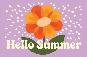 Abstract Orange Flower Vector Art with Hello Summer Text on Lilac 3