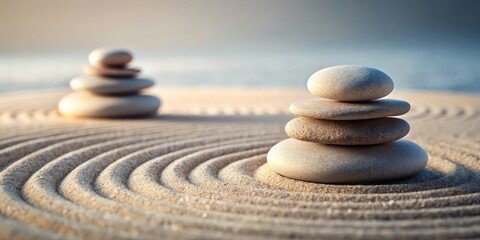 Serene stone stacks on a sunlit sand zen garden, a tranquil scene promoting mindfulness and inner peace.