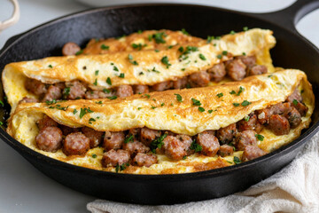 Cooking sausage-filled omelette in a cast iron skillet on a kitchen countertop in the morning