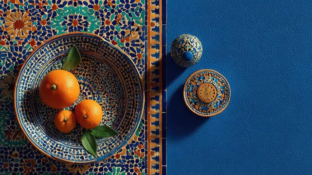 Vibrant bowl of oranges on intricate Moroccan tile backdrop showcasing rich colors