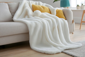 Cozy living room featuring a plush white throw blanket draped over a comfortable sofa