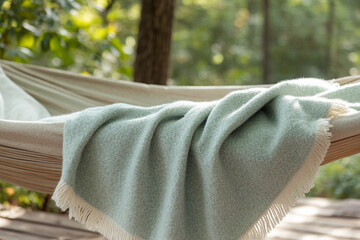 Hammock draped with a soft blanket in a tranquil outdoor setting surrounded by greenery and natural...