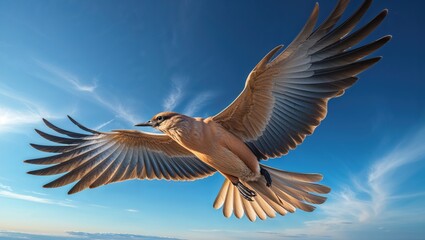 Obraz premium A breathtaking low-angle shot captures a bird in flight against a vibrant blue sky. The bird's wings are fully extended, showcasing intricate details of its feathers. Sunlight illuminates its plumage.