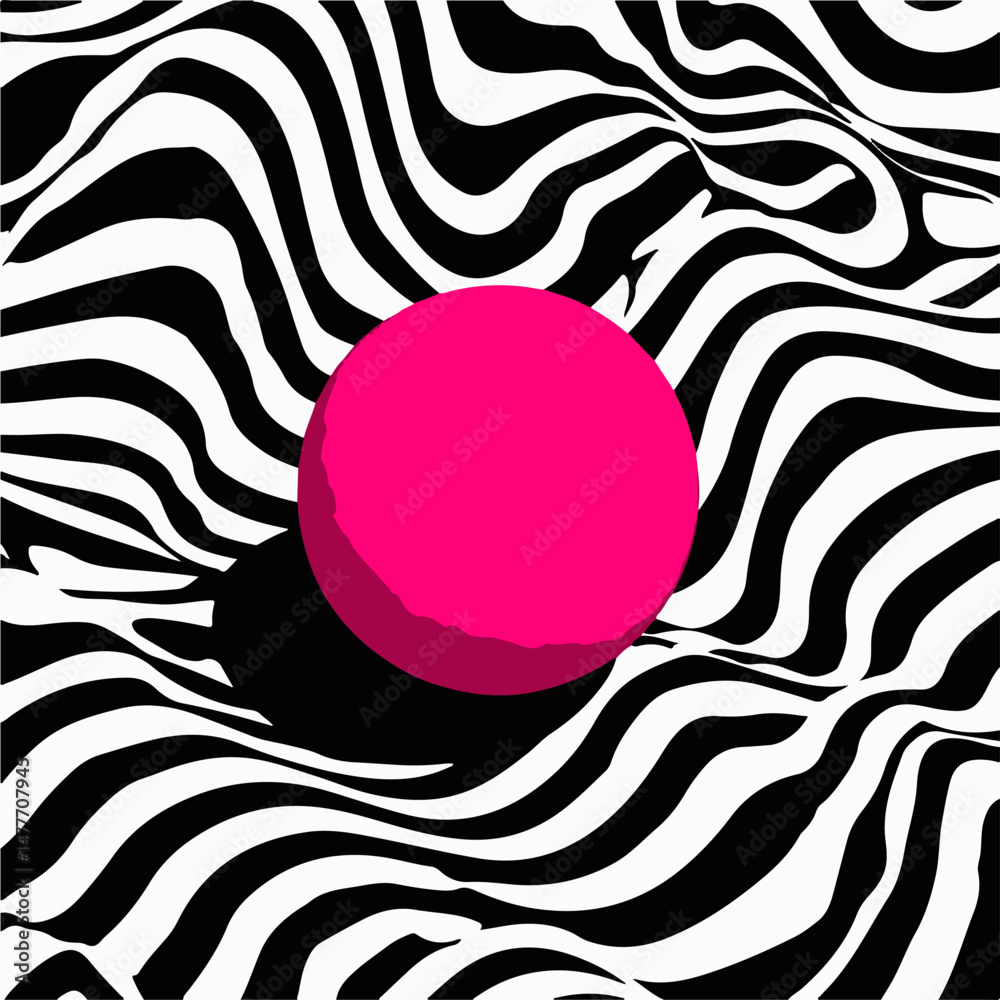 Poster vector illustration with a bold pink sphere on a dynamic black and white wavy striped background. op