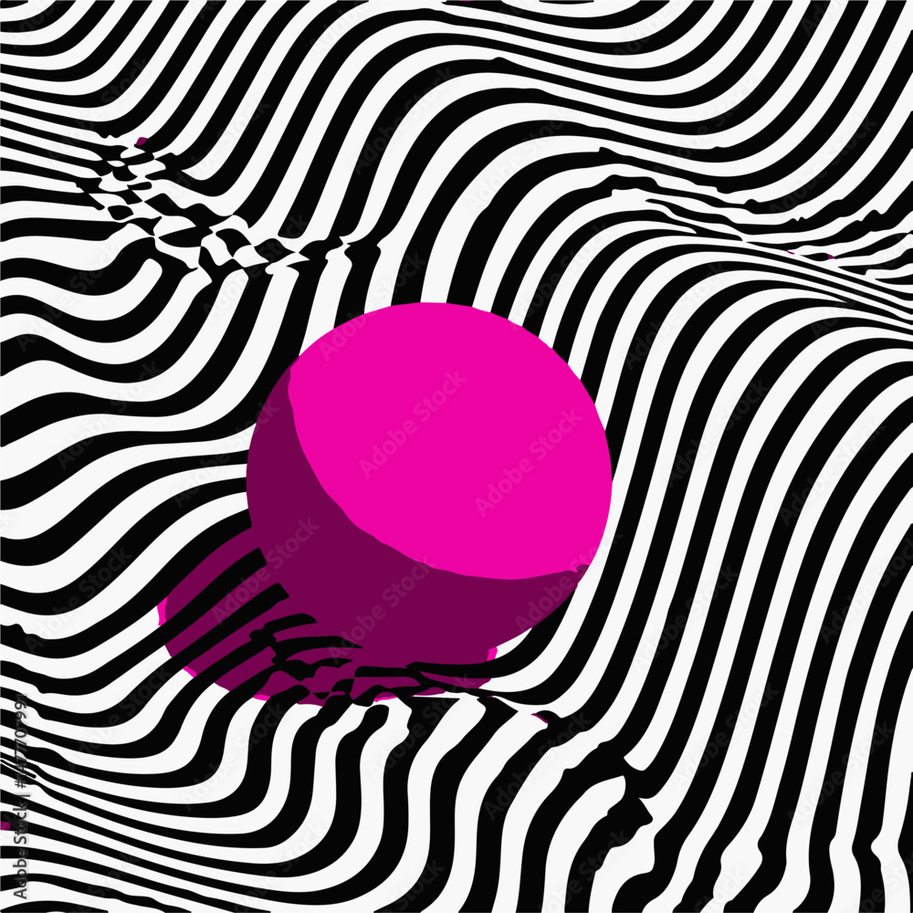 Poster vector illustration with a bold pink sphere on a dynamic black and white wavy striped background. op