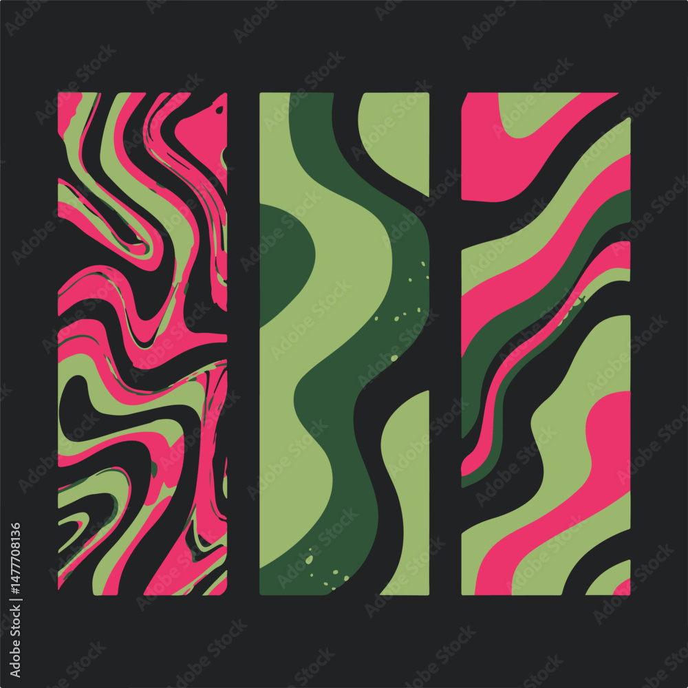 Poster modern abstract vector illustration with three vertical panels featuring wavy, organic shapes in gre