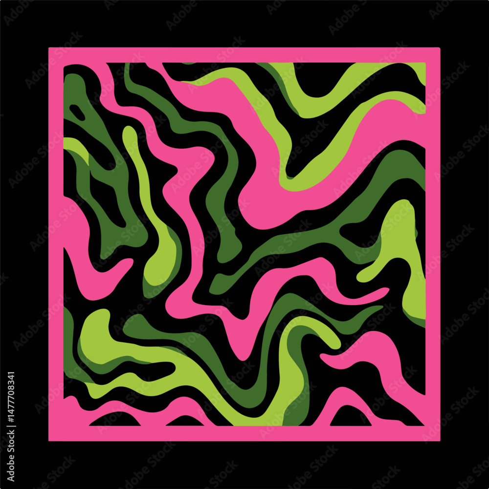 Poster vector illustration features an abstract pattern with flowing, wavy shapes in neon pink, green, and 