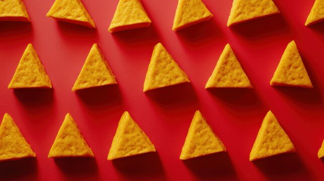 Pattern of Tortilla chips on a red background seen directly above