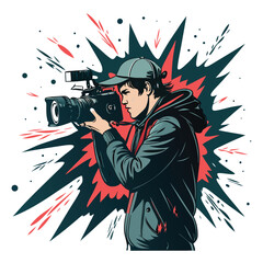 A professional videographer, dynamically captured, with a vibrant camera lens explosion effect showcasing creative energy and filmmaking passion.