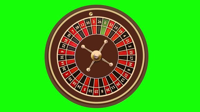 Spinning casino roulette wheel and rolling ball on isolated green background, cartoon style,  chroma key, footage, mockup, loop