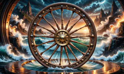 Obraz premium A spinning wheel of fortune floating on the open ocean, perfect for illustrations about adventure, travel, or decision-making