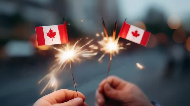 Celebratory hands hold Canadian flags with sparklers brightening evening sky