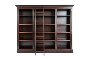 Elegant wooden bookshelf with sliding ladder, perfect for home libraries or upscale office interiors, built-in shelves for storage, ideal for book collectors, interior decorators