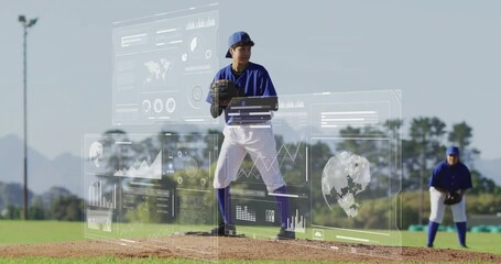 Female pitcher throwing pitch from mound, showing AR technology charts and data overlays - Powered by Adobe