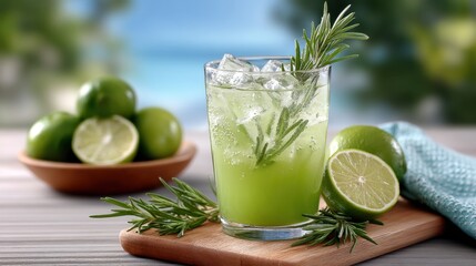Refreshing lime and rosemary drink in a glass with ice, garnished with fresh sprigs. Limes and rosemary are arranged on a wooden board. Bright, summery scene.