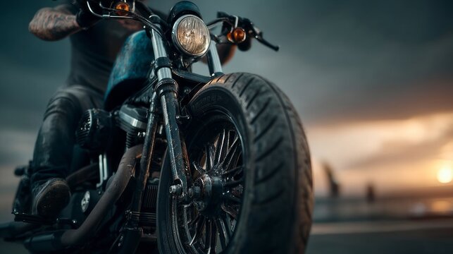 A man is riding a motorcycle with a blue frame