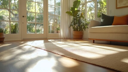 Fototapeta premium Bright room with sunlight hardwood floor rug couch and greenery view interior design