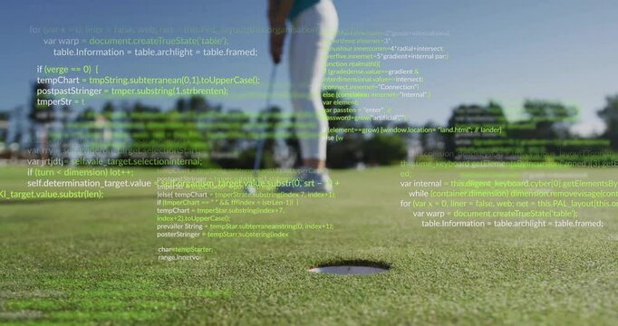 Female golfer practicing putting on green under clear sky with floating JavaScript code overlay