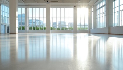 Bright spacious interior with polished floor and distant urban view architecture and design