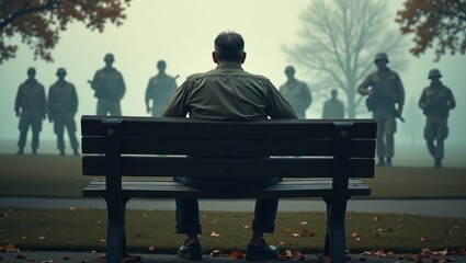 US army veteran reflecting on memories in a quiet park surrounded by silhouettes of fellow soldiers