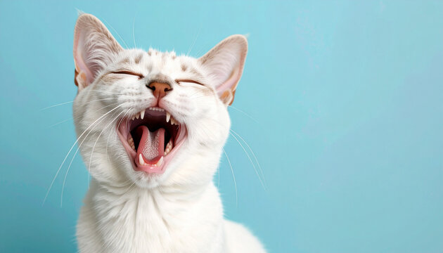 Retrato de un cachorro de gato sano y feliz maullando con la boca abierta sobre un fondo azul ideal como fotografia de alimentaci&oacute;n de mascotas y cl&iacute;nica veterinaria