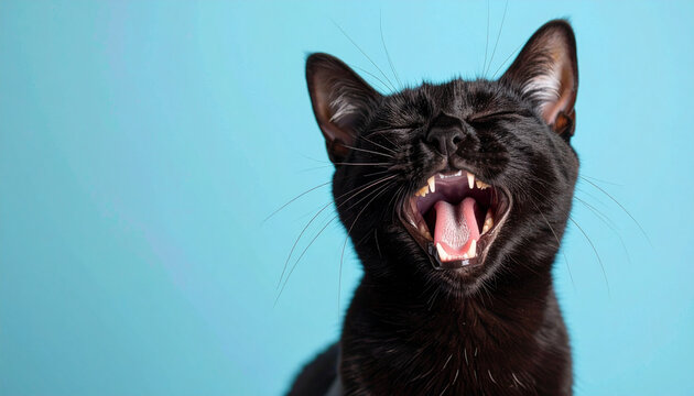 Retrato de un cachorro de gato negro sano y feliz maullando con la boca abierta sobre un fondo azul