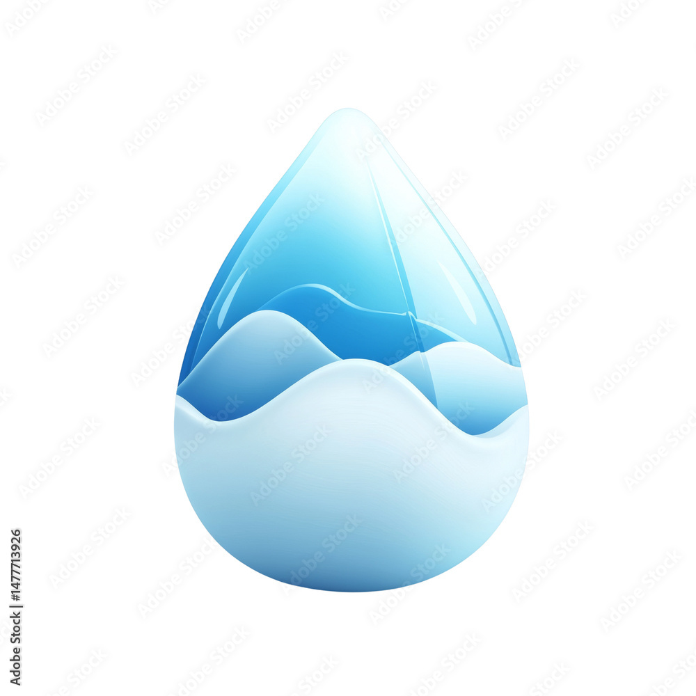 Poster artistic representation of a water droplet with layered, stylized internal waves on transparent fiel