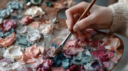 Artist's Hand Holding Brush Over Palette of Mixed Paints in Creative Workspace for Inspiration