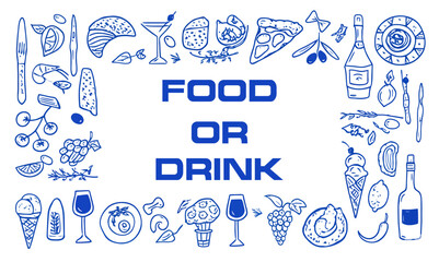 Hand drawn italian food set. Mediterranean lunch and dinner doodle icons. Pasta, olive, pizza, cheese, tomato, lemon, wine. Dolce vita aesthetics. Perfect for print, design menu, sticker. 