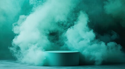 A serene mint green podium surrounded by billowing smoke clouds, creating a dreamy abstract background ideal for creative best-selling wallpapers