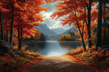 An orange woodland frames still waters and distant mountains under a cloudy autumn sky