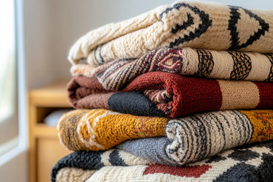Stack of folded blankets in warm autumn colors arranged for cozy indoor ambiance during fall season