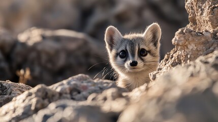 Fototapeta premium Intriguing gaze of a curious kit fox peering amidst rocky terrain