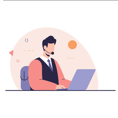 Man working as a tour operator with headset at laptop in office  