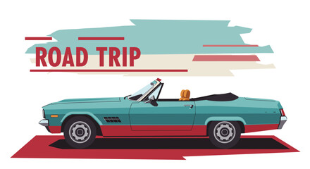 Classic convertible road trip illustration in retro style with blue colors  