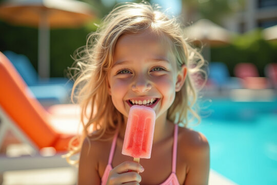 Little girl in pink swimsuit enjoys ice cream by poolside. Happy child relaxing after swim, savoring sweet treat on sunny day. Summer vacation, outdoor leisure for kids, refreshment. AI