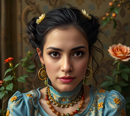A beautiful girl against a backdrop of gorgeous roses