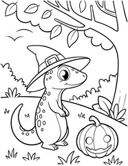 Cute lizards wearing witch hats outline cartoon illustration. Halloween coloring book page activity for kids and adults 2.
