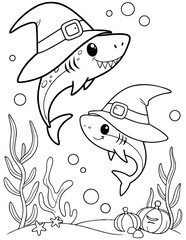 Cute Sharks wearing witch hats outline cartoon illustration. Halloween coloring book page activity for kids and adults.