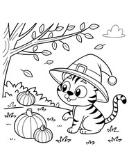 Cute Lions wearing witch hats outline cartoon tigers Halloween coloring book page activity for kids and adults.