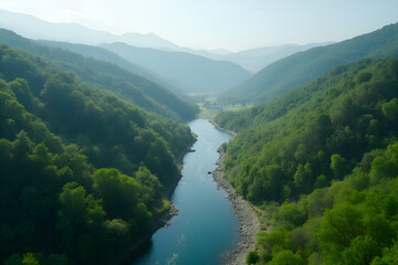 A river winding through the green hills.