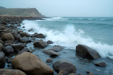 A rocky shore with waves crashing on the rocks,