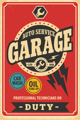 Classic Garage Retro Poster Design Template – Vintage Vector Sign for Car Service and Repair Business