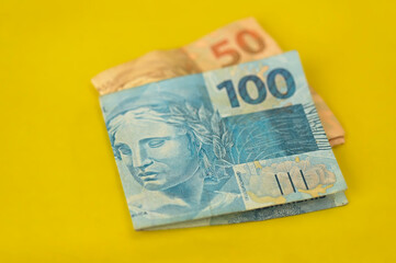 Goiânia, Brazil, May 13, 2025: financial value of Brazilian real notes inflation economy