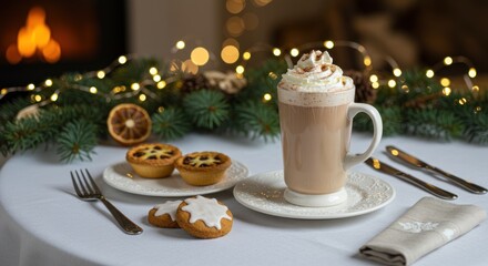 Hot drink with cream pastries and festive decorations near a fireplace.