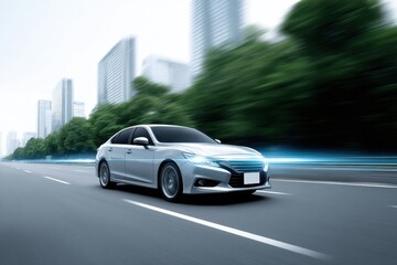 Fototapeta premium Silver sedan speeding on a city road, blurred background of skyscrapers and trees, motion lines suggest speed.